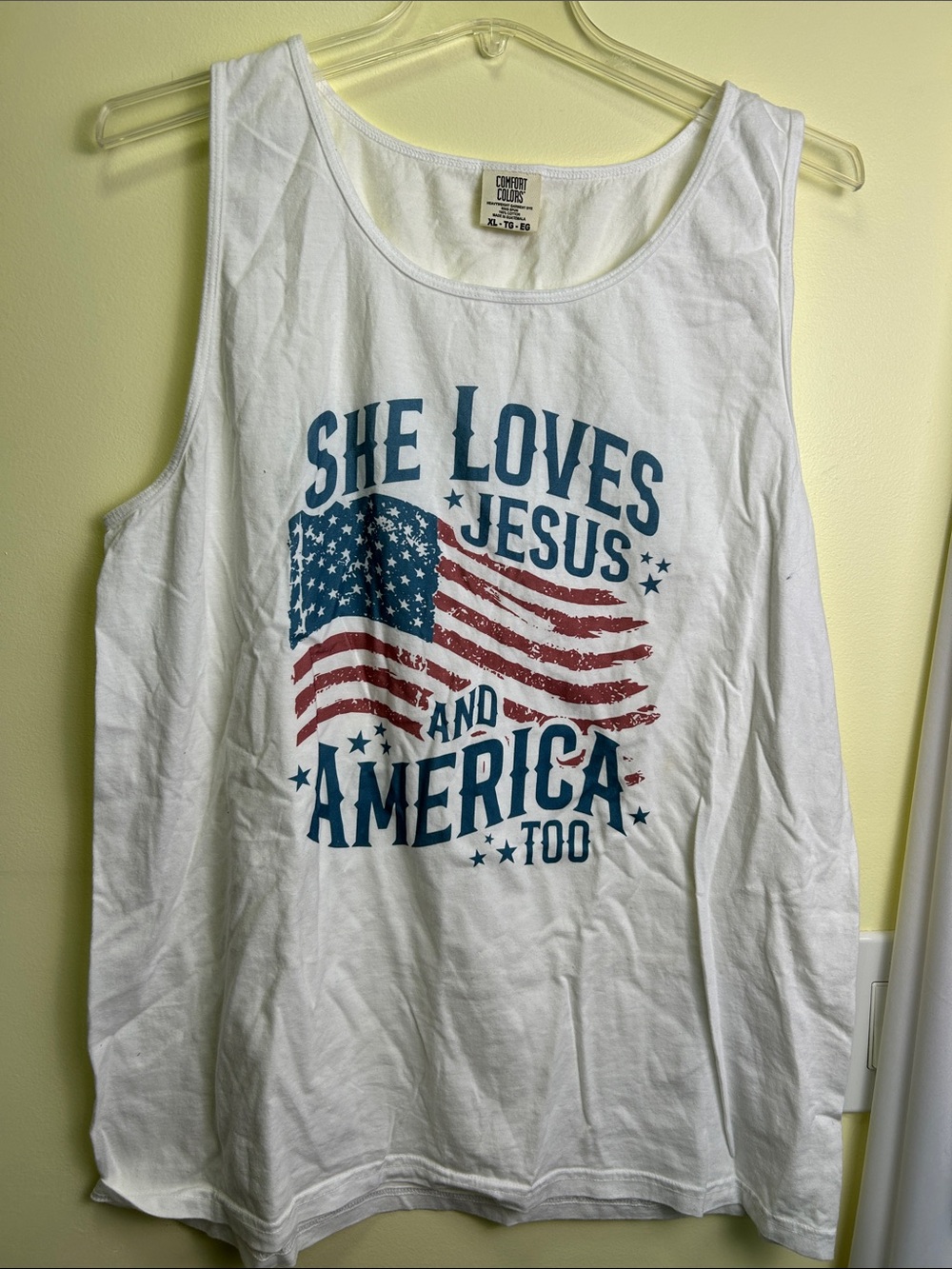 “She loves Jesus and America Too” Flag Tank Top - White
